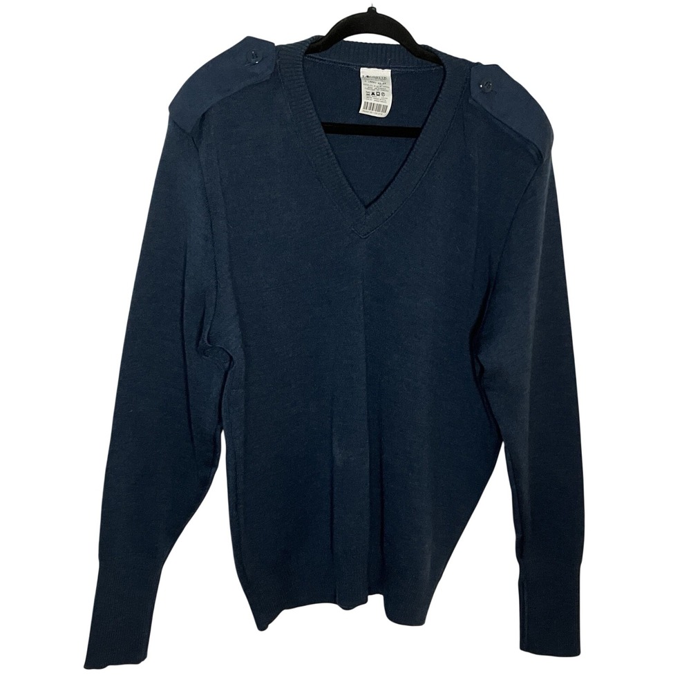 Logistik Unicorp Mens Navy Blue 100% Wool‎ V-Neck Military Sweater Epaulettes L